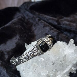 Onyx And Sterling Silver Ornate Vintage Cuff Bracelet